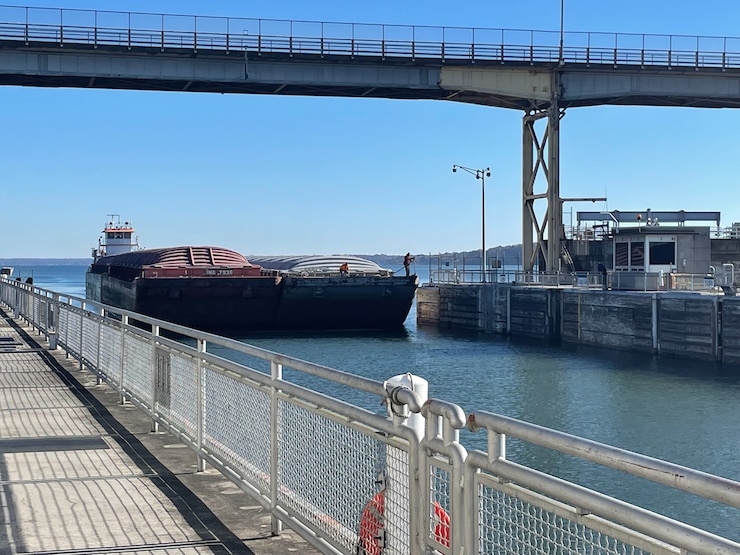 Commercial barge locks through the main chamber of Wilson Lock on the Tennessee River in Florence, Ala.