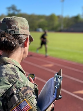 Soldiers pace themselves during the two mile run event at the 87th Training Division ACFT Familiarization during their April battle assembly