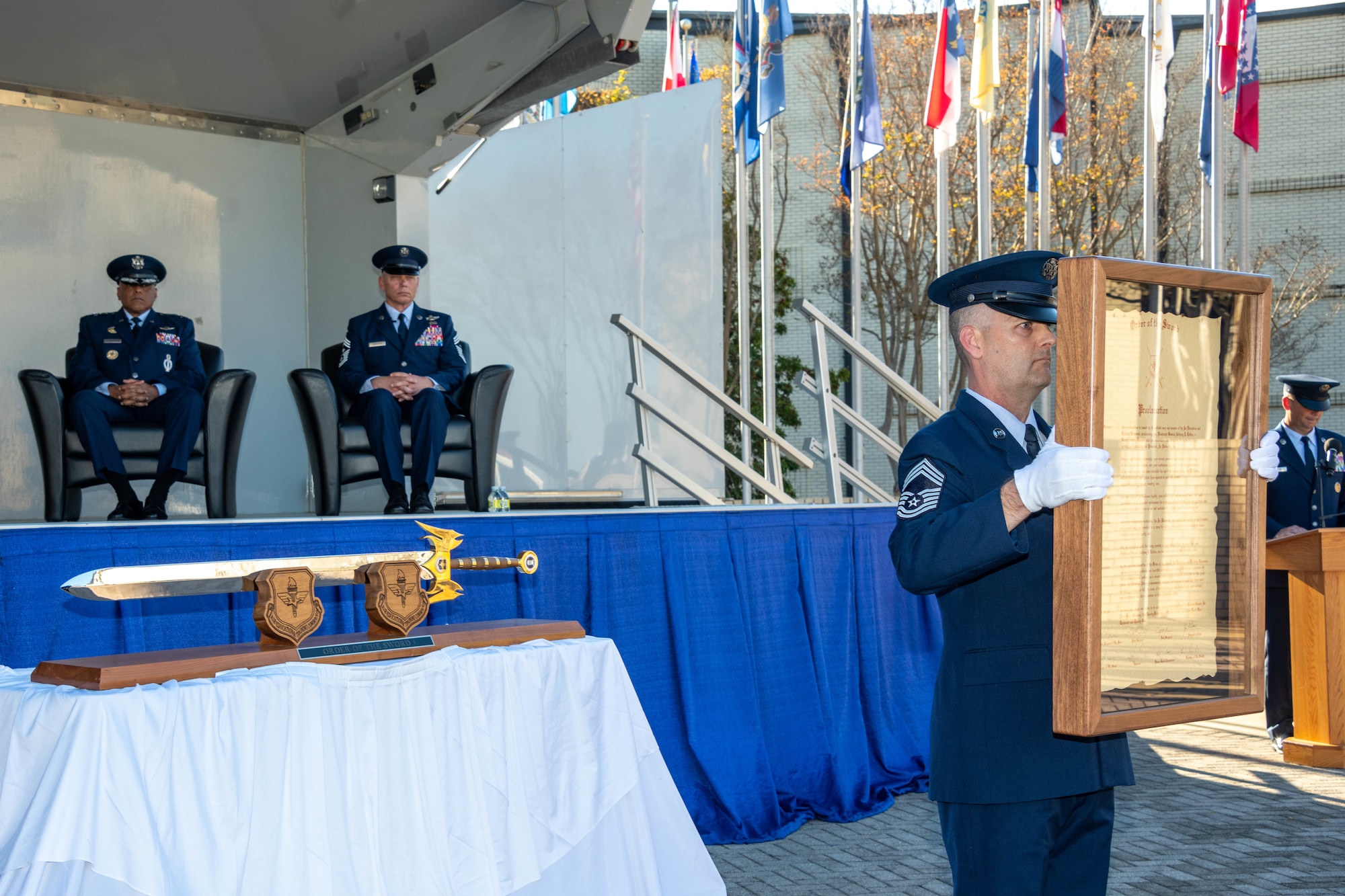 Air Education and Training Command’s enlisted Airmen inducted Gen. Anthony Cotton commander of U.S. Air Force Global Strike Command and Air Forces Strategic-Air, U.S. Strategic Command, into AETC’s Order of the Sword with a ceremony