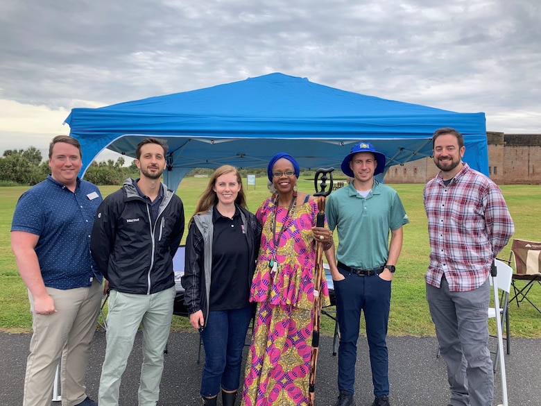 Savannah District representatives Nathan Wilkes, Jared Lopes, Andrea Farmer, Daniel McGraw, and Craig Clarke join Julia Pearce, middle, from the Tybee MLK Human Rights Organization, at the Cockspur Island Community Day at Fort Pulaski National Monument April 18.