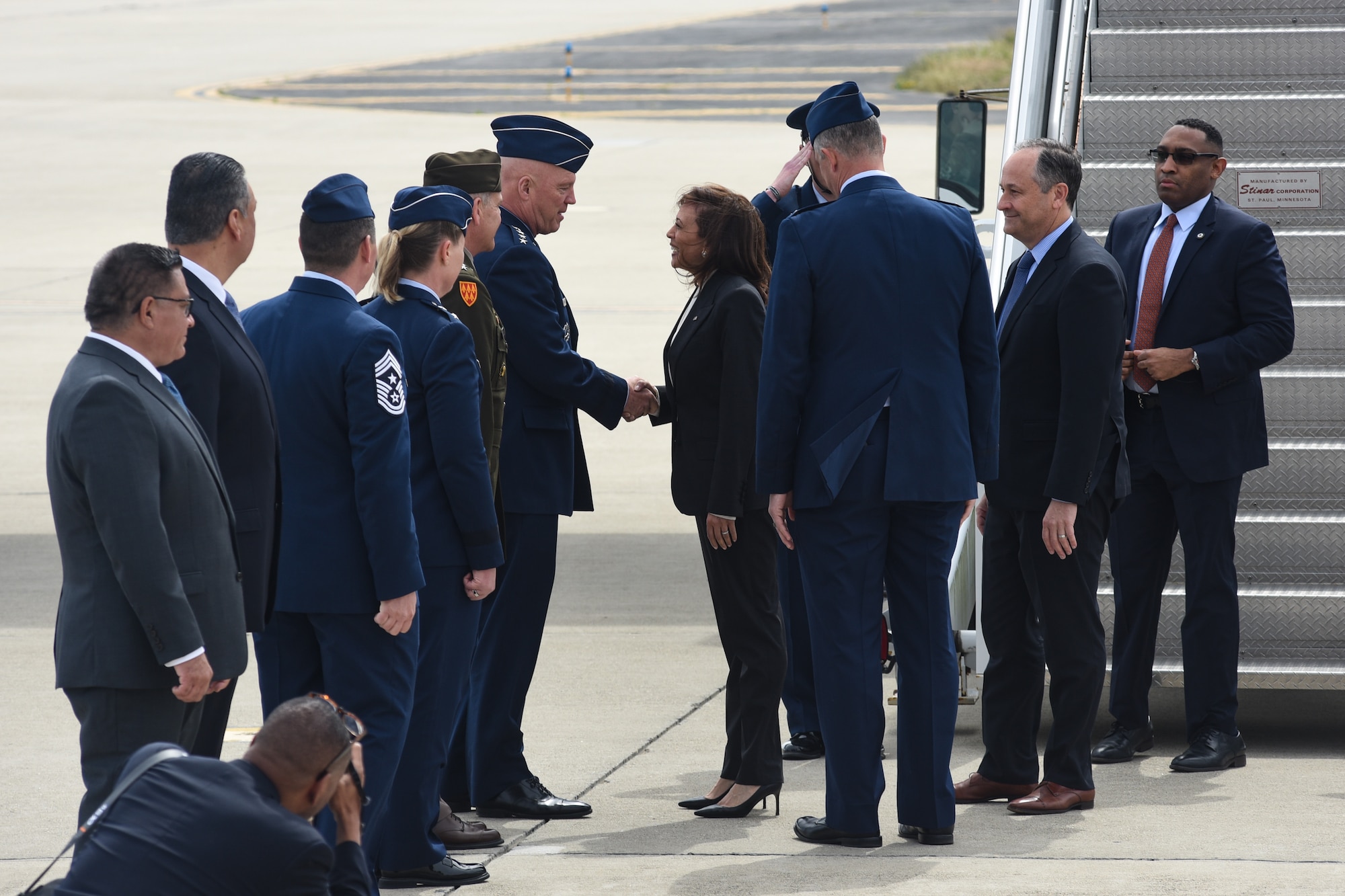 U.S. Vice President Kamala Harris is greeted by U.S. Space Force Chief of Space Operations Gen. John W. “Jay” Raymond, upon her arrival at Vandenberg Space Force Base
