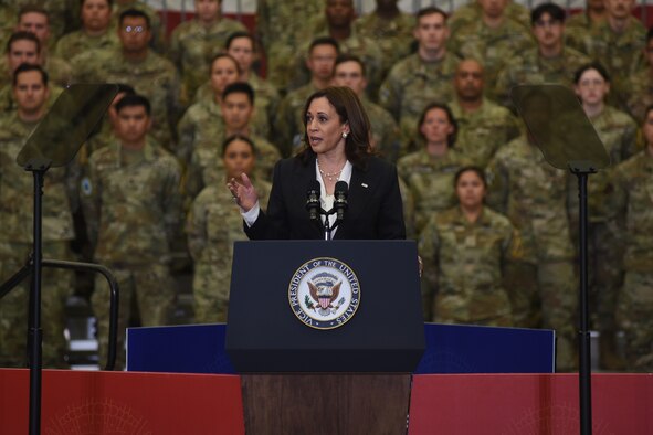 U.S. Vice President Kamala Harris speaking at a podium