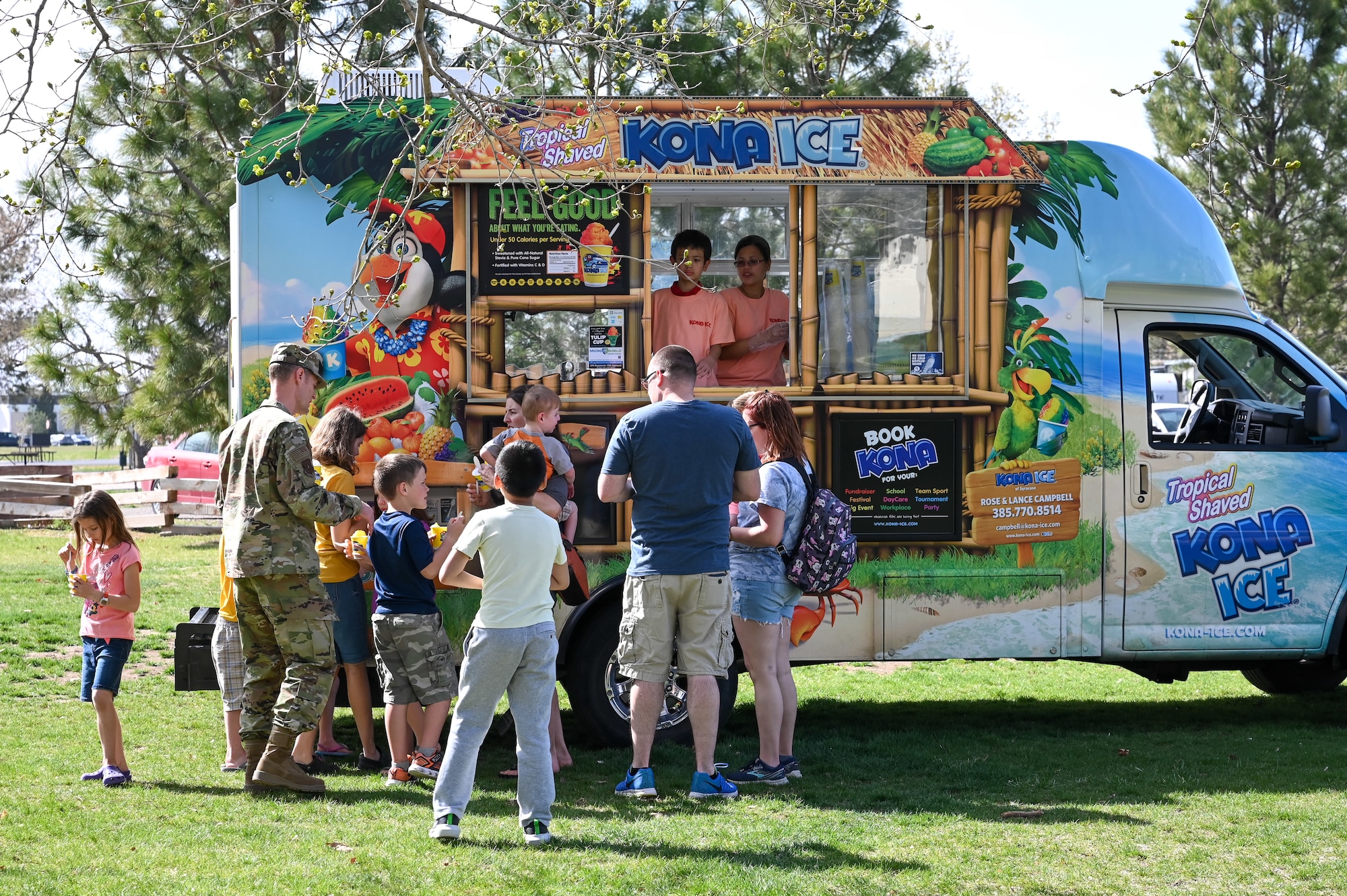 Families enjoy free snow cones during the “Show Up for Military Families” field day April 19, 2022, at Hill Air Force Base, Utah.