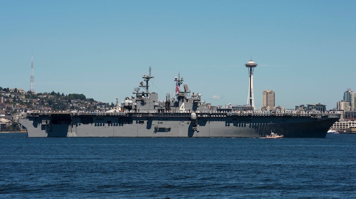 The Wasp-class amphibious assault ship USS Boxer (LHD 4) participates in parade of ships during Seattle Seafair 2015. Seafair Fleet Week is an annual celebration of the sea services wherein Sailors, Marines and Coast Guardsmen from visiting U.S. Navy and Coast Guard ships, and ships from Canada make the city a port of call.