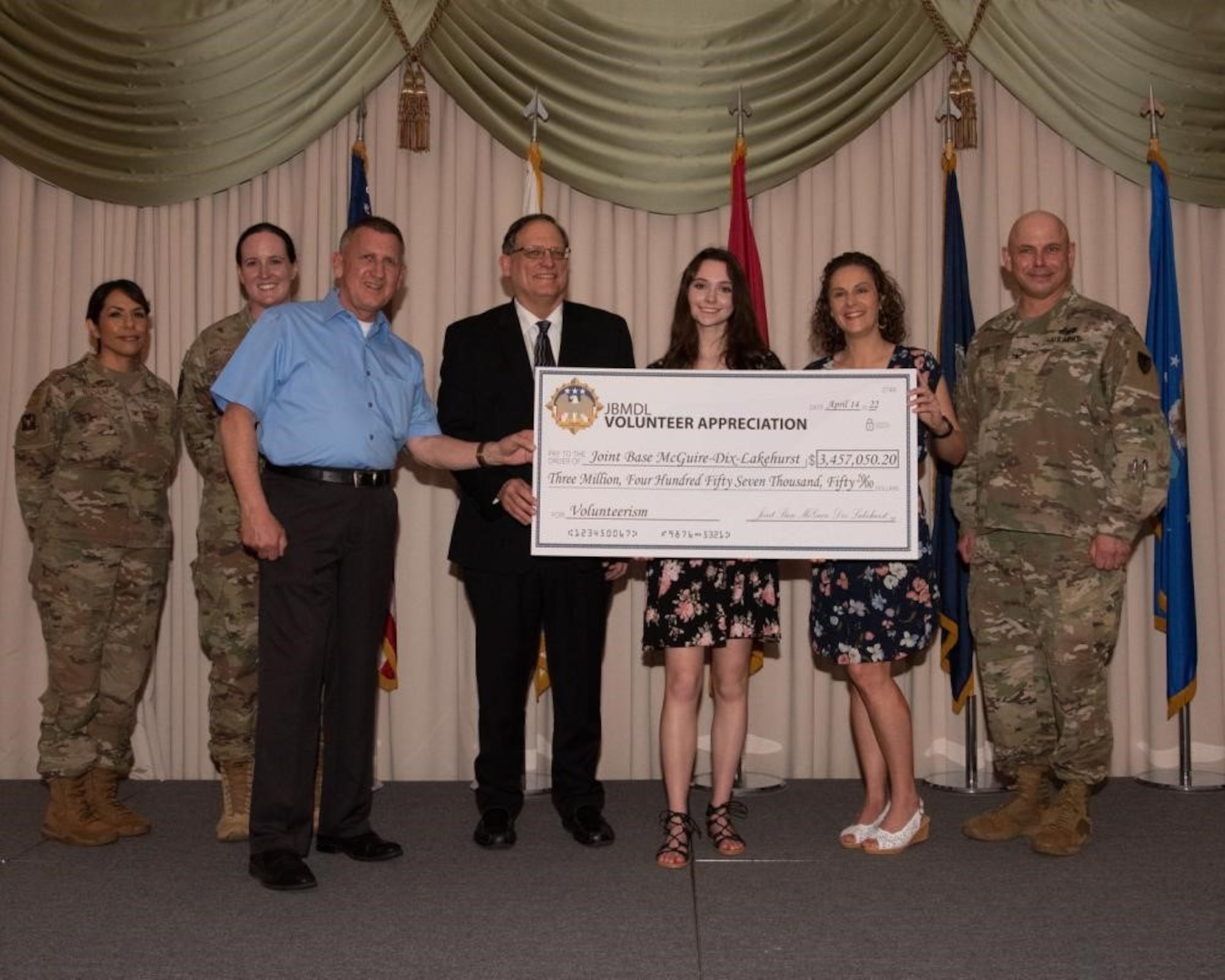 Joint Base McGuire-Dix-Lakehurst, N.J., leaders pose with Joint Base MDL's 2021 Volunteer of the Year winners April 14, 2022 at Tommy B's Community Activities Center. The ceremony highlighted the volunteers and their contribution to the Joint Base MDL community