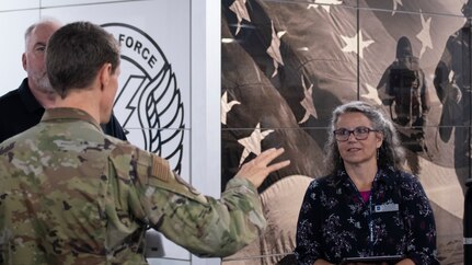 U.S. Air Force Col George Buse (left), Special Warfare Human Performance Support Group commander, briefs Dr. Wendy Walsh (right), Air Education and Training Command chief learning officer, on how members of the Special Warfare Training Wing leverage cutting-edge human performance technology at the SWTW interim Human Performance Training Center at Joint Base San Antonio-Chapman Training Annex, Texas, April 5, 2022. Walsh and her team participated in an immersion tour of the SWTW to learn about how the SWTW builds Air Force Special Warfare Airmen and prepares them for combat.