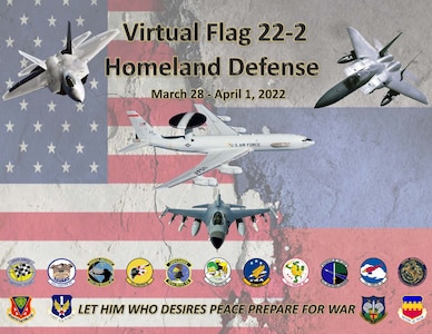 graphic with USAF aircraft and emblems on a U.S. flag background for Virtual Flag: Homeland Defense exercise