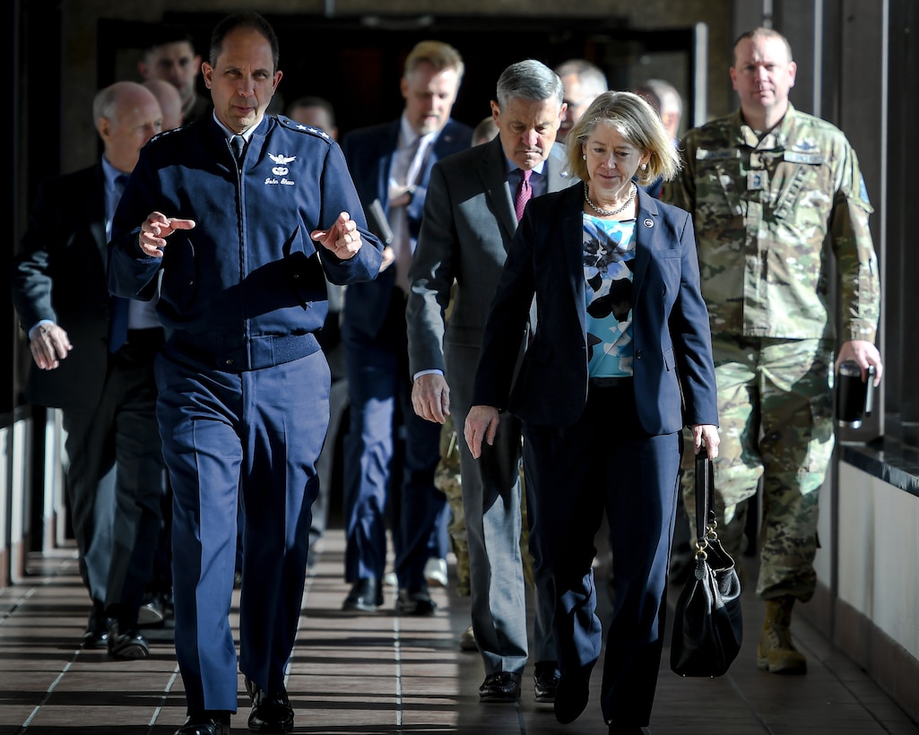 Leaders discuss Space Command missions at Schriever Space Force Base, Colorado.
