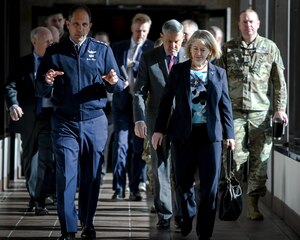 Leaders discuss Space Command missions at Schriever Space Force Base, Colorado.