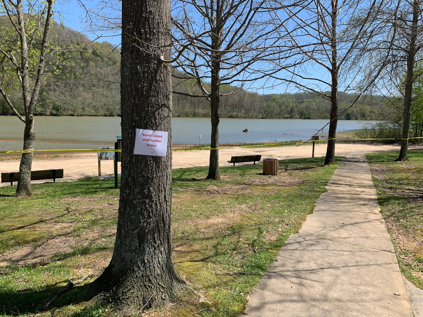 The U.S. Army Corps of Engineers Nashville District announces the immediate closure of Defeated Creek Day Use Swim Beach in Carthage, Tennessee, as well as Roaring River Swim Beach in Gainesboro, Tennessee, at Cordell Hull Lake. This is a photo of the Roaring River Day Use Area Swim Beach closed April 19, 2022. (USACE Photo)