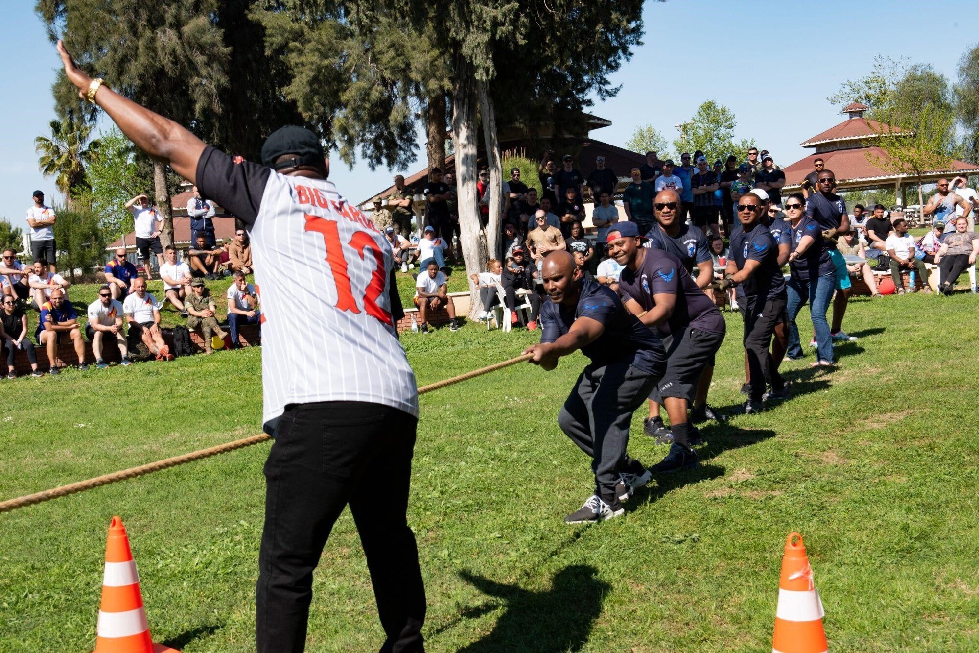 Senior enlisted leaders from various 39th Air Base Wing units participated in a chiefs versus commanders tug of war tournament during the 39 ABW sports day at Incirlik Air Base, Turkey, April 14, 2022. During the event, U.S. military members, civilians, Turkish local national employees and NATO allies competed in a series of scored athletic events and activities to kick off the spring season. This event was the first sports day that the 39th Air Base Wing hosted since 2013. (U.S. Air Force photo by Staff Sgt. Gabrielle Winn)