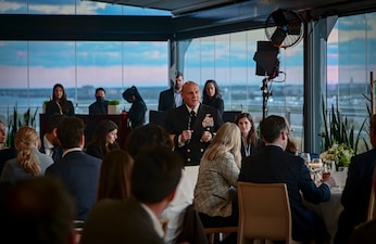 WASHINGTON (Apr. 19, 2022) Chief of Naval Operations (CNO) Adm. Mike Gilday speaks at a dinner hosted by the Pallas Foundation for National Security Leadership at the International Spy Museum. The Pallas Foundation hosts education and special events to bring together different national security private and public organizations for leadership development and engagement. (U.S. Navy photo by Mass Communication Specialist 1st Class Sean Castellano/Released)