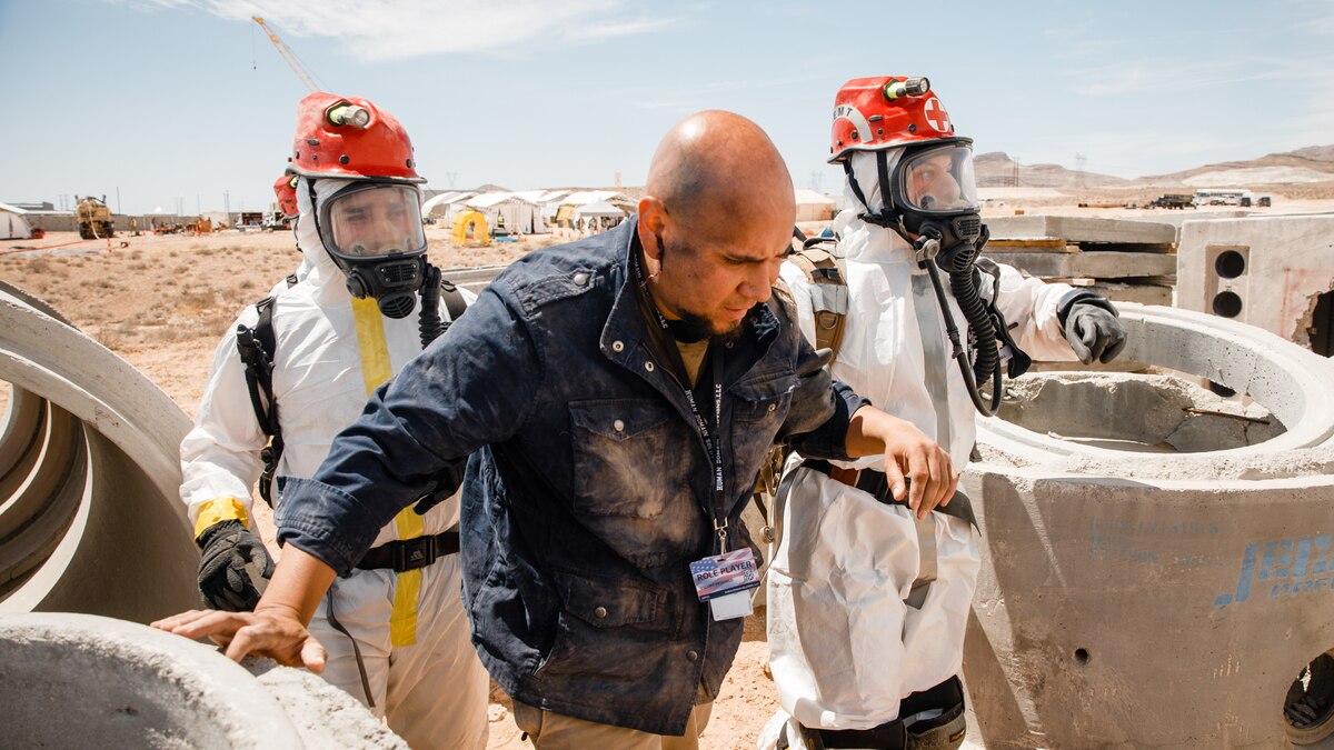 Nevada Guard Soldiers and Airmen teamed with the Arizona Air Guard in April 2022 to test their ability to cohesively respond to chemical, biological, radiological and nuclear situations. The exercise was held at a mock rubble-pile training site in the small city of Apex in northern Clark County.