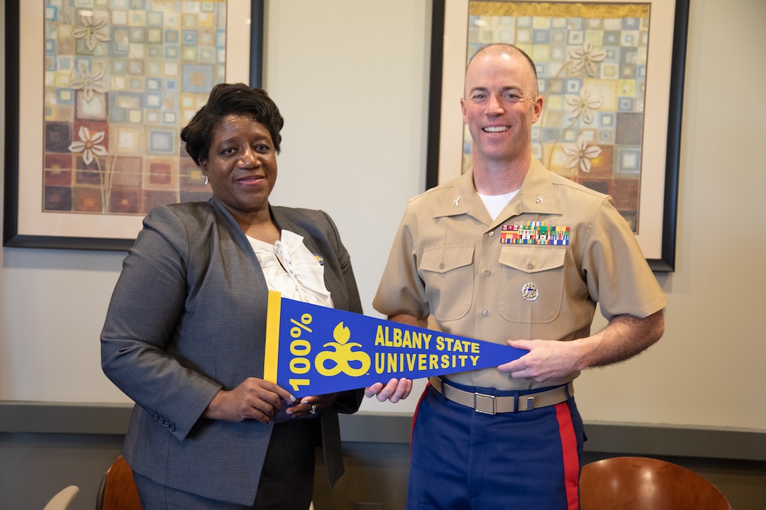 Marine Corps Logistics Base Albany and Albany State University leaders inked an education partnership to offer certificate programs in Cybersecurity and Logistics, April 19.

Col. Michael Fitzgerald, commanding officer, MCLB Albany, and Dr. Marion Fedrick, president, ASU, signed the memorandum of understanding offering courses on base to active-duty personnel, their families, reservists, Department of Defense employees and eligible retired military personnel.
