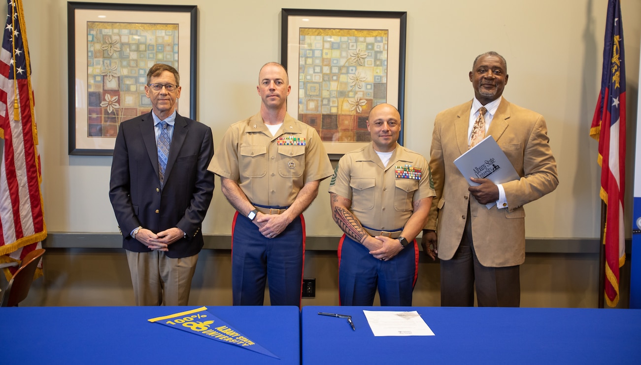 Marine Corps Logistics Base Albany and Albany State University leaders inked an education partnership to offer certificate programs in Cybersecurity and Logistics, April 19.

Col. Michael Fitzgerald, commanding officer, MCLB Albany, and Dr. Marion Fedrick, president, ASU, signed the memorandum of understanding offering courses on base to active-duty personnel, their families, reservists, Department of Defense employees and eligible retired military personnel.