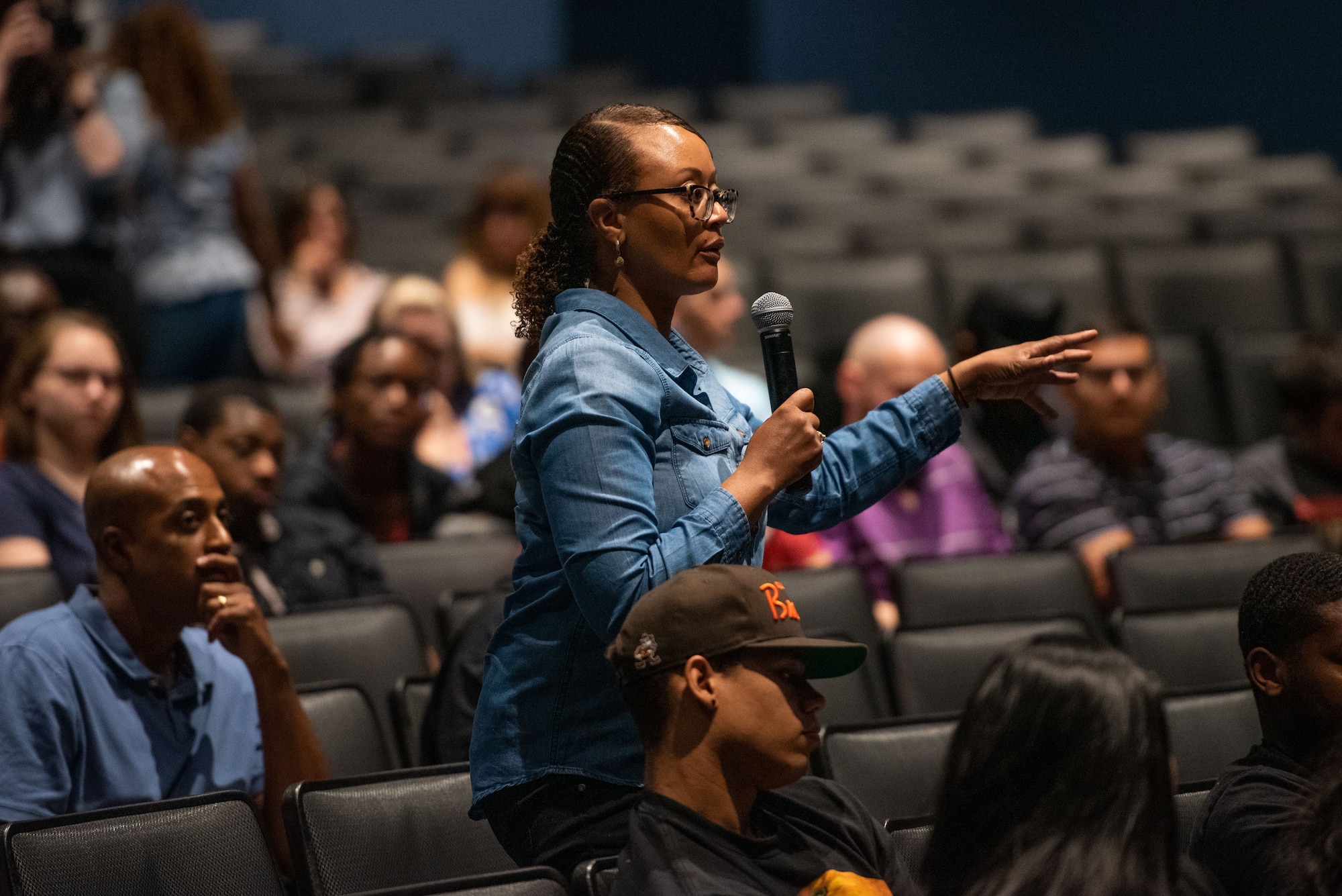 U.S. Air Force Chief Master Sgt. Tracie Duvall, Space Launch Delta 45 Installation Support senior enlisted leader, asks a question during Resilience Day April 15, 2022, at Patrick Space Force Base, Florida. Resilience Day featured guest speakers, team building activities and presentations designed to enhance personal and unit resilience. (U.S. Space Force photo by Amanda Inman)