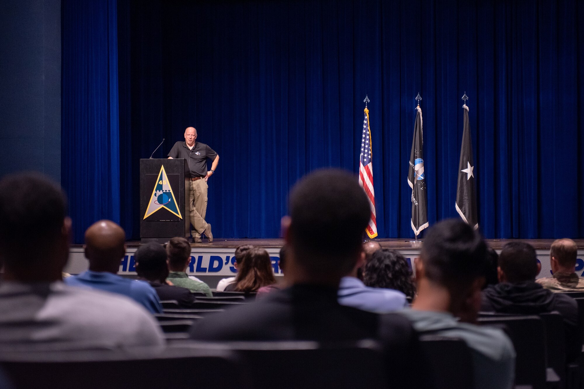 Brig. Gen. Stephen Purdy, Space Launch Delta 45 commander, speaks about the importance of resilience during Resilience Day April 15, 2022, at Patrick Space Force Base, Florida. The Delta hosts resilience days twice a year. (U.S. Space Force photo by Deanna Murano)