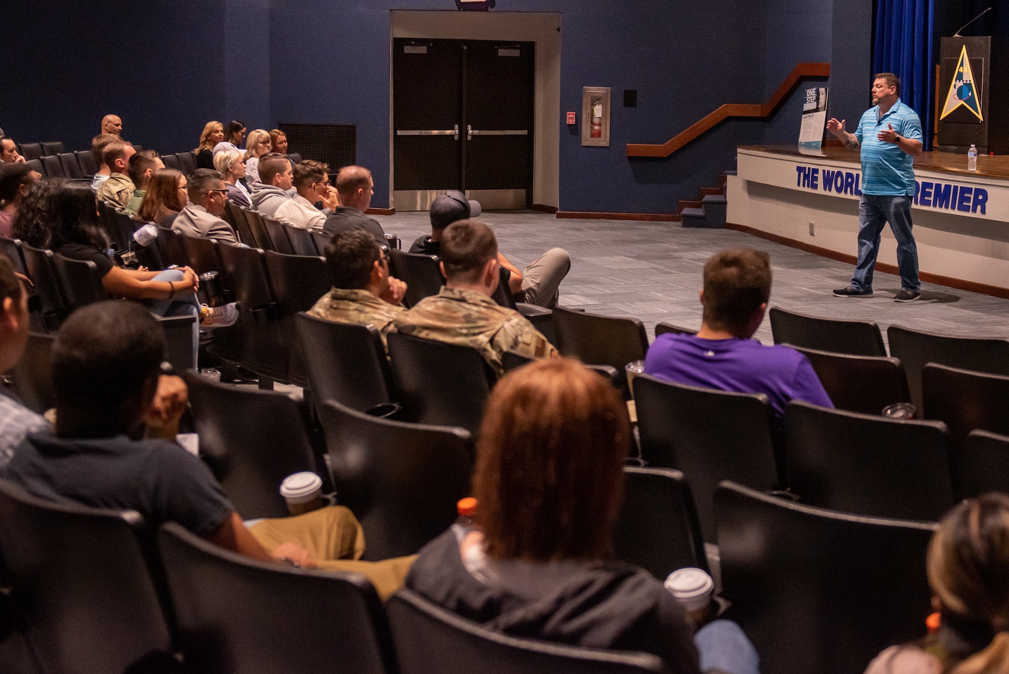 Heath Phillips, a U.S. Navy veteran, and a sexual assault survivor, shares his personal resilience story April 15, 2022, during Resilience Day at Patrick Space Force Base, Florida. Phillips was one of two guest speakers at the event and spoke about the importance of looking out for one another. (U.S. Space Force photo by Deanna Murano)