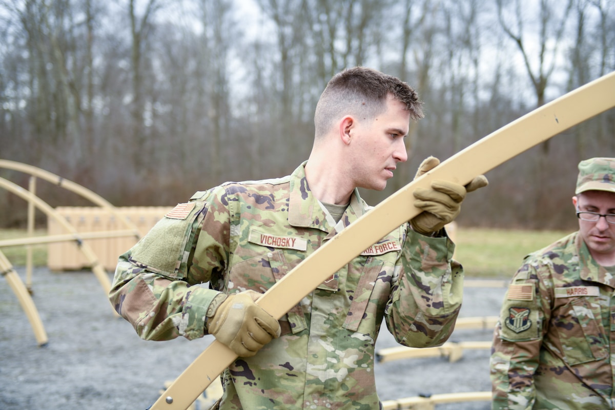 The 910th Civil Engineer Squadron joined the 910th Security Forces Squadron for a 24-hour field exercise in which the units established a bare base and provided perimeter defense, March 31 to April 1, 2022.