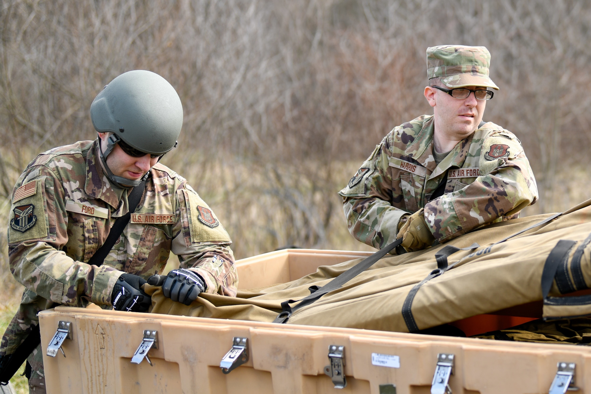 The 910th Civil Engineer Squadron joined the 910th Security Forces Squadron for a 24-hour field exercise in which the units established a bare base and provided perimeter defense, March 31 to April 1, 2022.