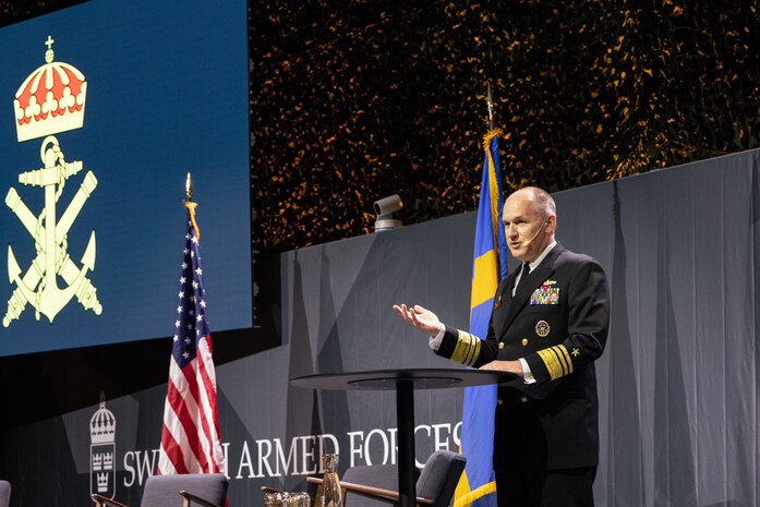 Vice Adm. Gene Black, commander, U.S. Sixth Fleet, speaks during the Cooperative Strategy Forum, April 20, 2022.