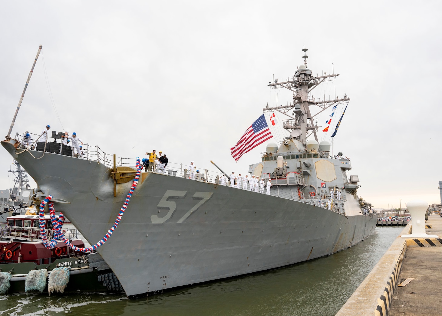 NORFOLK (April 16, 2022) - The Arleigh Burke-class guided-missile destroyer USS Mitscher (DDG 57) prepares to moor at homeport, Naval Station Norfolk, April 16. Mitscher deployed to the European theater of operations and participated in a range of maritime activities in support of Naval Forces Europe and NATO Allies. (U.S. Navy photo by Mass Communication Specialist 1st Class Ryan Seelbach)