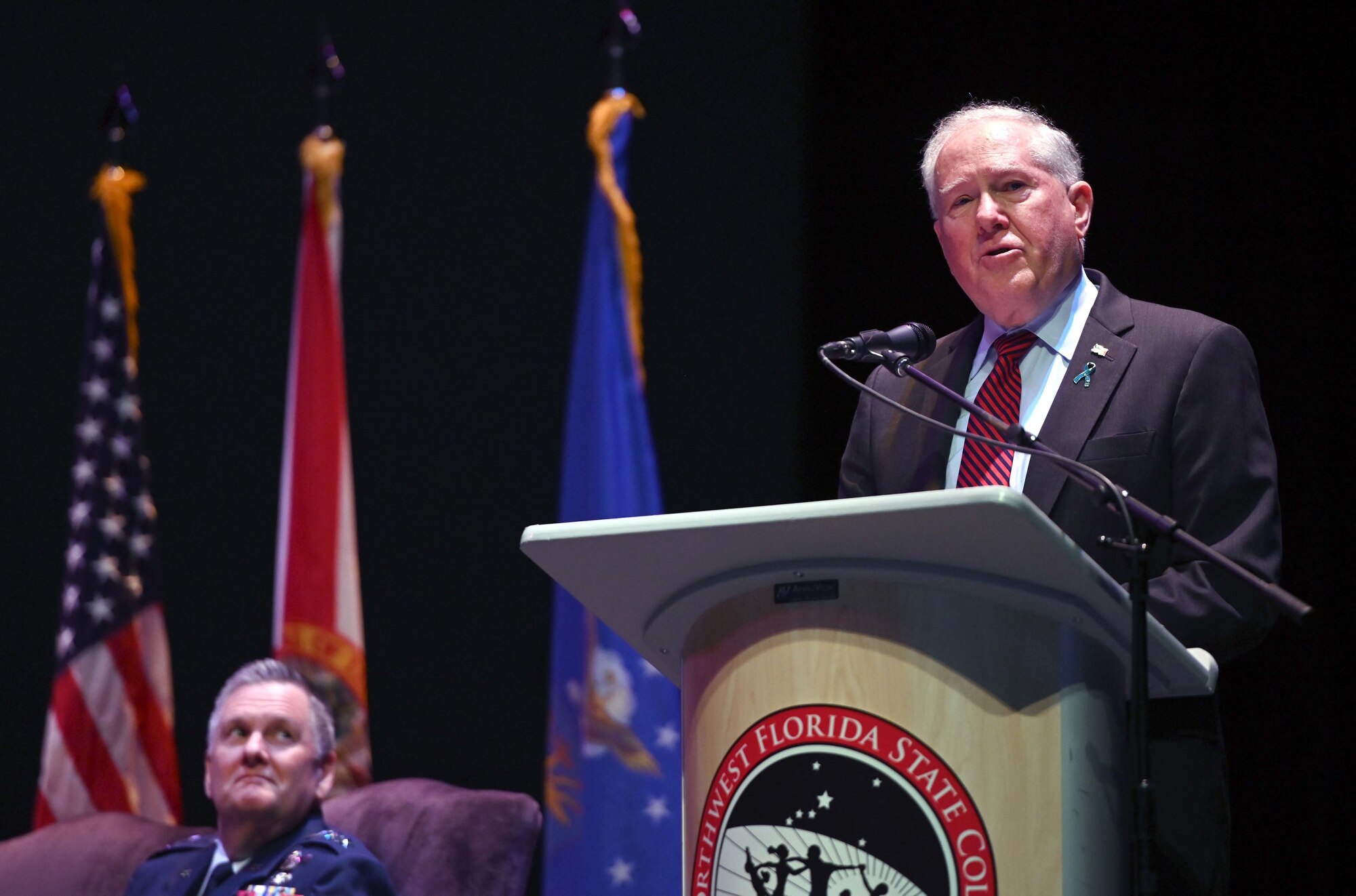 The Secretary of the Air Force, Frank Kendall III, speaks during the Doolittle Raider Goblet Ceremony at the Mattie Kelly Arts Center at Northwest Florida State College, Niceville, Florida, April 18, 2022. The ceremony marked the 80th Anniversary of the Doolittle Raid, also known as the Tokyo Raid, which was the first air operation to directly strike the mainland of Japan during World War II. (U.S. Air Force photo by Staff Sgt. Brandon Esau)