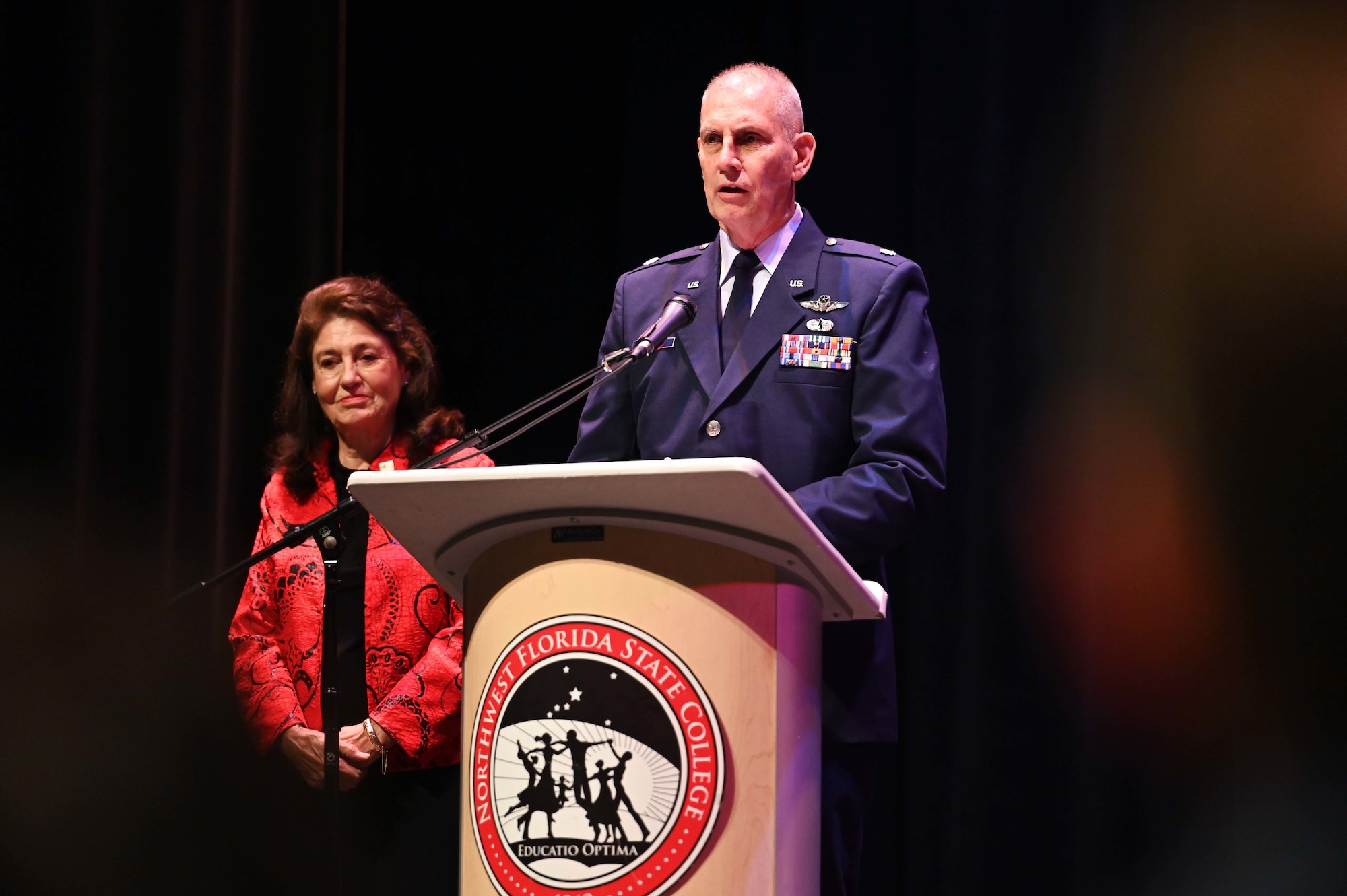 U.S. Air Force Lt. Col. (ret.) Richard Cole, son of Col. (ret.) Dick Cole, the last surviving Doolittle Raider, speaks during the Doolittle Raider Goblet Ceremony at the Mattie Kelly Arts Center at Northwest Florida State College, Niceville, Florida, April 18, 1942. The ceremony marked the 80th Anniversary of the Doolittle Raid, also known as the Tokyo Raid, which was the first air operation to directly strike the mainland of Japan during World War II. (U.S. Air Force photo by Staff Sgt. Brandon Esau)