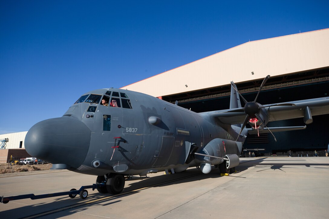 An AC-130J Ghostrider assigned to the 1st Special Operations Wing from Hurlburt Field, Fla., is loaded into the Benefiled Anechoic Facility on Edwards Air Force Base, California, March 17. The aircraft recently underwent electronic weapons countermeasures testing at the BAF. (Air Force photo by Kaitlyn Steigerwald)