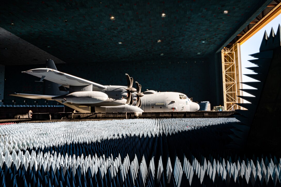 An AC-130J Ghostrider assigned to the 1st Special Operations Wing from Hurlburt Field, Fla., is loaded into the Benefiled Anechoic Facility on Edwards Air Force Base, California, March 17. The aircraft recently underwent electronic weapons countermeasures testing at the BAF. (Air Force photo by Adam Bowles)