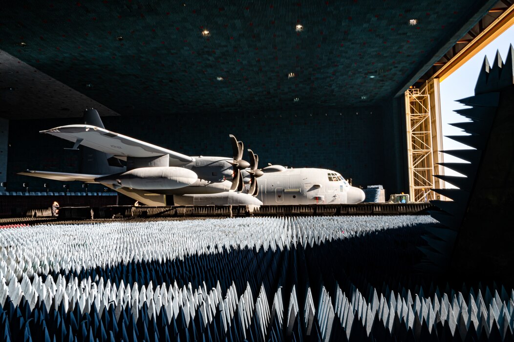 An AC-130J Ghostrider assigned to the 1st Special Operations Wing from Hurlburt Field, Fla., is loaded into the Benefiled Anechoic Facility on Edwards Air Force Base, California, March 17. The aircraft recently underwent electronic weapons countermeasures testing at the BAF. (Air Force photo by Adam Bowles)