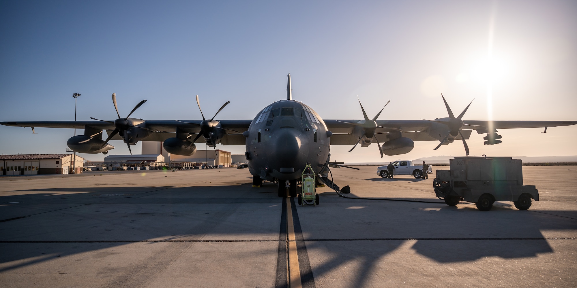 An AC-130J Ghostrider assigned to the 1st Special Operations Wing from Hurlburt Field, Fla., prepares to depart Edwards Air Force Base, California, April 14. The aircraft recently underwent electronic weapons countermeasures testing at the Benefield Anechoic Facility. (Air Force photo by Giancarlo Casem)