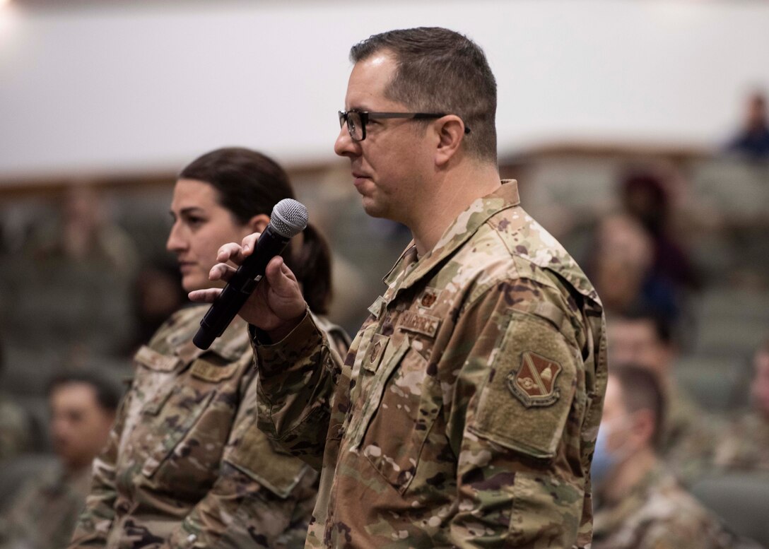 An Airman asks a question during the “Do Better Foundation” event at Joint Base Andrews, Md., April 19, 2022.