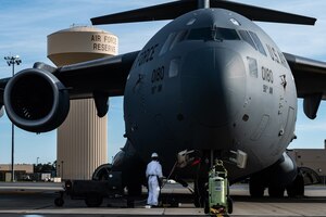 A C-17 Globemaster III, pictured here being serviced by an Airman assigned to the 911th Aircraft Maintenance Squadron at the Pittsburgh International Airport Air Reserve Station, Pennsylvania. (U.S. Air Force photo by Joshua J. Seybert)