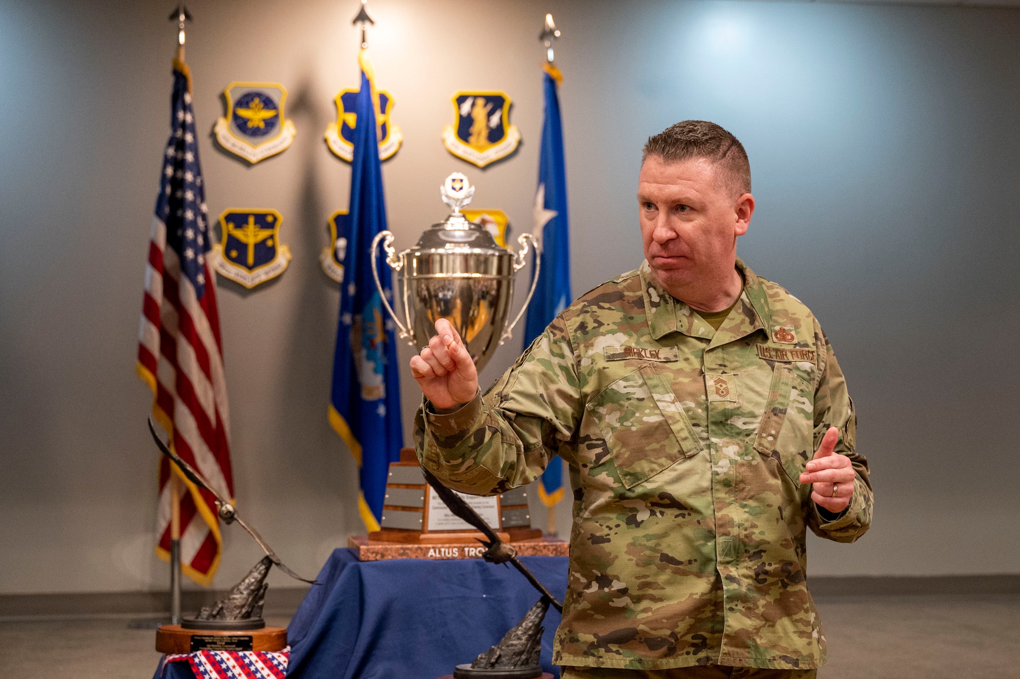 Chief Master Sgt. Chad Bickley, 18th Air Force command chief, speaks to Airmen assigned to Little Rock Air Force Base, Arkansas and members of the local community