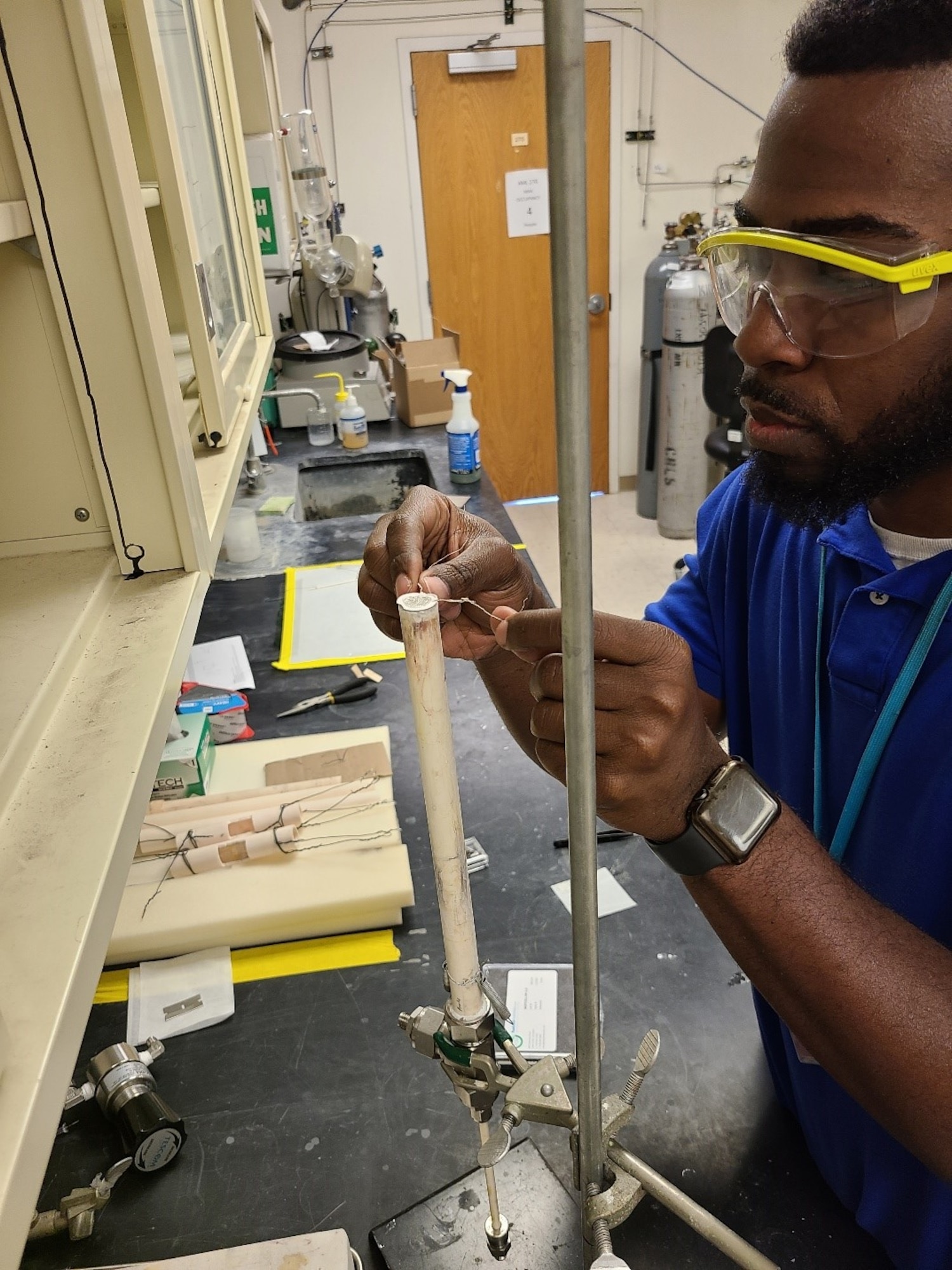 Dr. Andre Spears, an Air Force Research Laboratory Space Vehicles Directorate postdoctoral research fellow from the University of New Mexico, assembles a solid oxide fuel cell for testing, as part of the Bipropellant Enabled Electrical Power Supply, or BEEPS, effort.