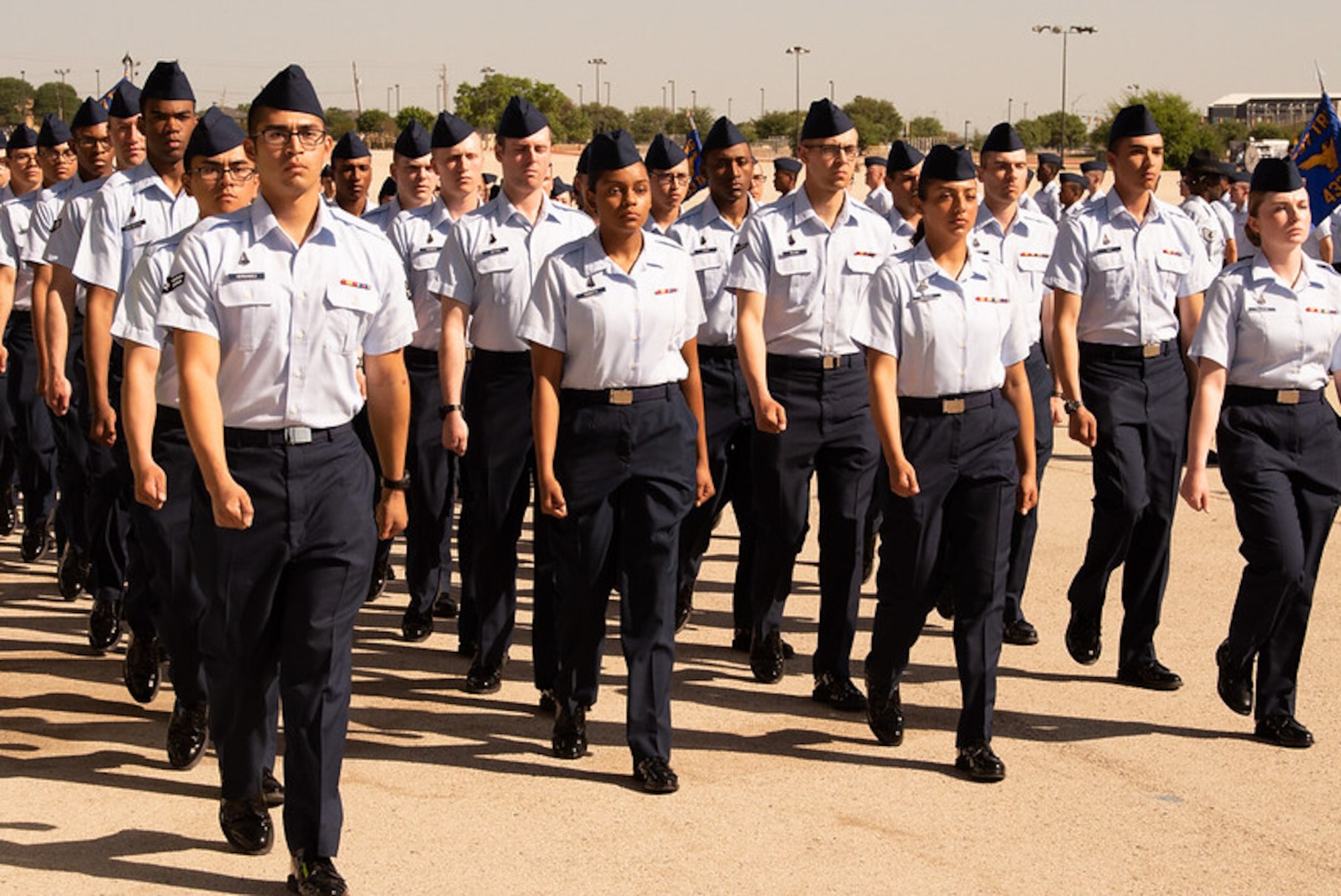 Airmen march at BMT graduation at JBSA-Lackland, Texas.