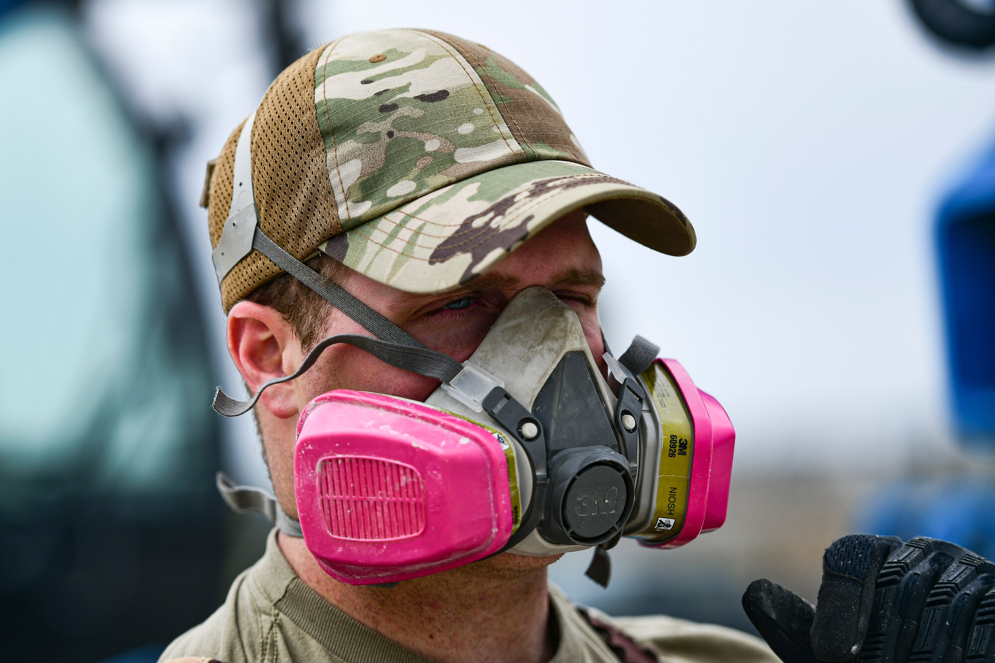 An Airman wears protective gear.