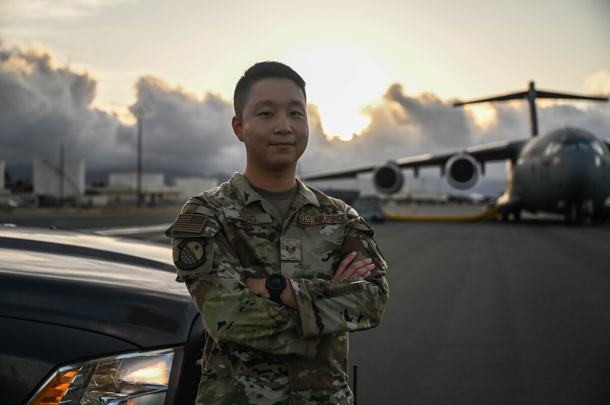Staff Sgt. Chun Jiang, 15th Operations Support Squadron airfield management operations supervisor, supports a 24-hour mission to ensure flight line operations are safely and successfully accomplished at Joint Base Pearl Harbor-Hickam, Hawaii, April 20, 2022. Airfield management Airmen are responsible for reporting discrepancies, enabling the continuation of over 6,000 flights per quarter. (U.S. photo by Staff Sgt. Alan Ricker)