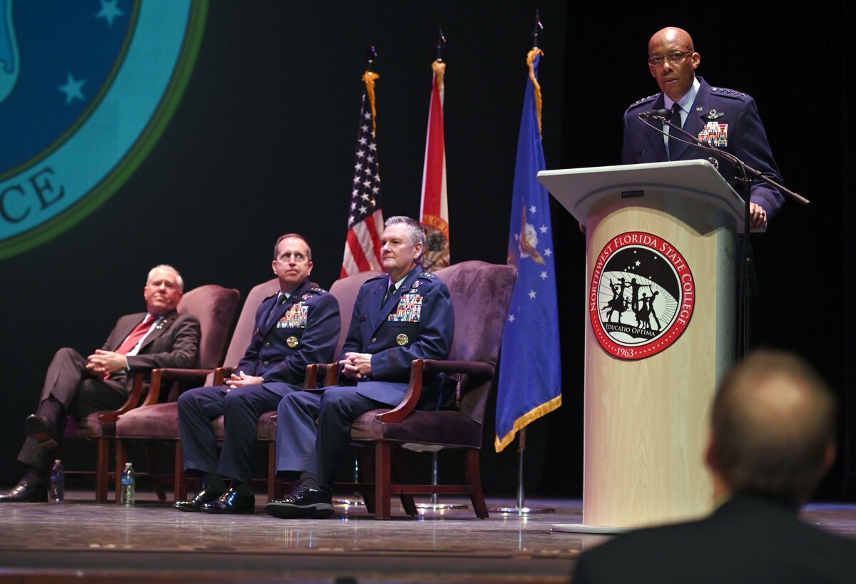 Chief of Staff of the Air Force Gen. CQ Brown, Jr., speaks during the Doolittle Raider Goblet Ceremony at the Mattie Kelly Arts Center at Northwest Florida State College, Niceville, Florida, April 18, 2022. On April 18, 1942, Airmen of the U.S. Army Air Forces flew 16 North American B-25 medium bombers aboard the U.S. Navy carrier USS Hornet to a location within take-off distance from the Japanese islands for a direct air operation against Tokyo. (U.S. Air Force photo by Staff Sgt. Brandon Esau)