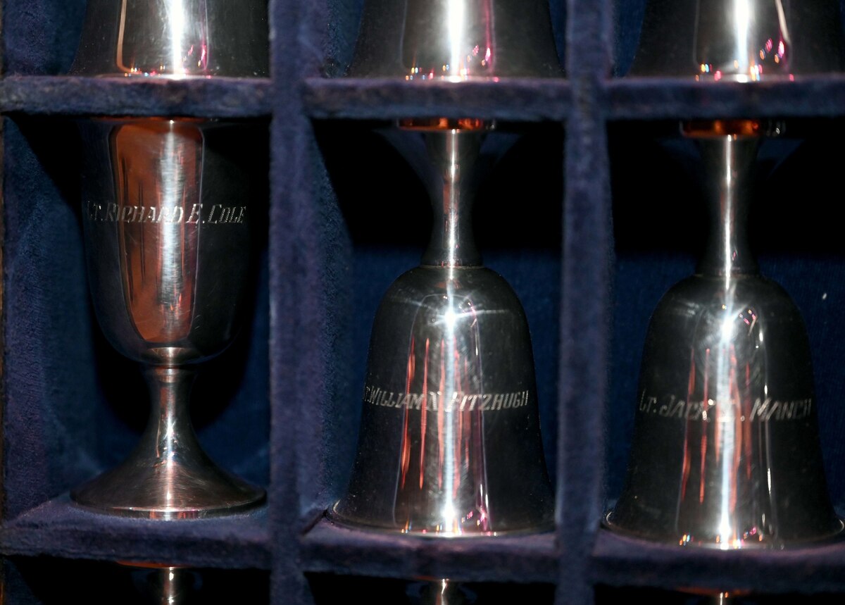 U.S. Air Force Col. (ret.) Dick Cole’s sterling silver goblet rests prior to the start of the Doolittle Raider Goblet Ceremony at the Mattie Kelly Arts Center at Northwest Florida State College, Niceville, Florida, April 18, 2022. The goblets, each engraved with the names of the members of the historic raid, are on permanent display at the National Museum of the U.S. Air Force, at Wright Patterson Air Force Base, Ohio. (U.S. Air Force photo by Staff Sgt. Brandon Esau)