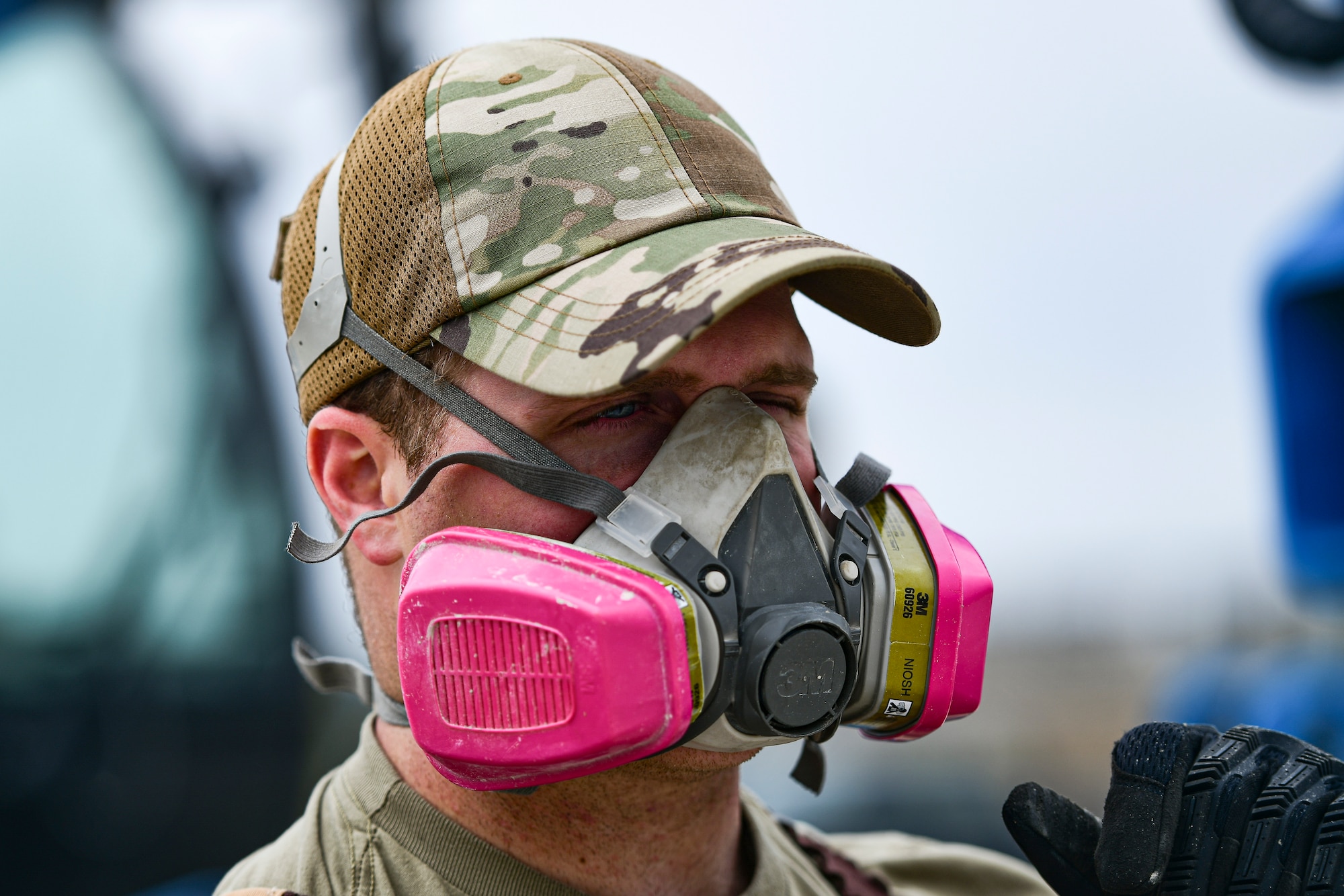 An Airman wears protective gear.