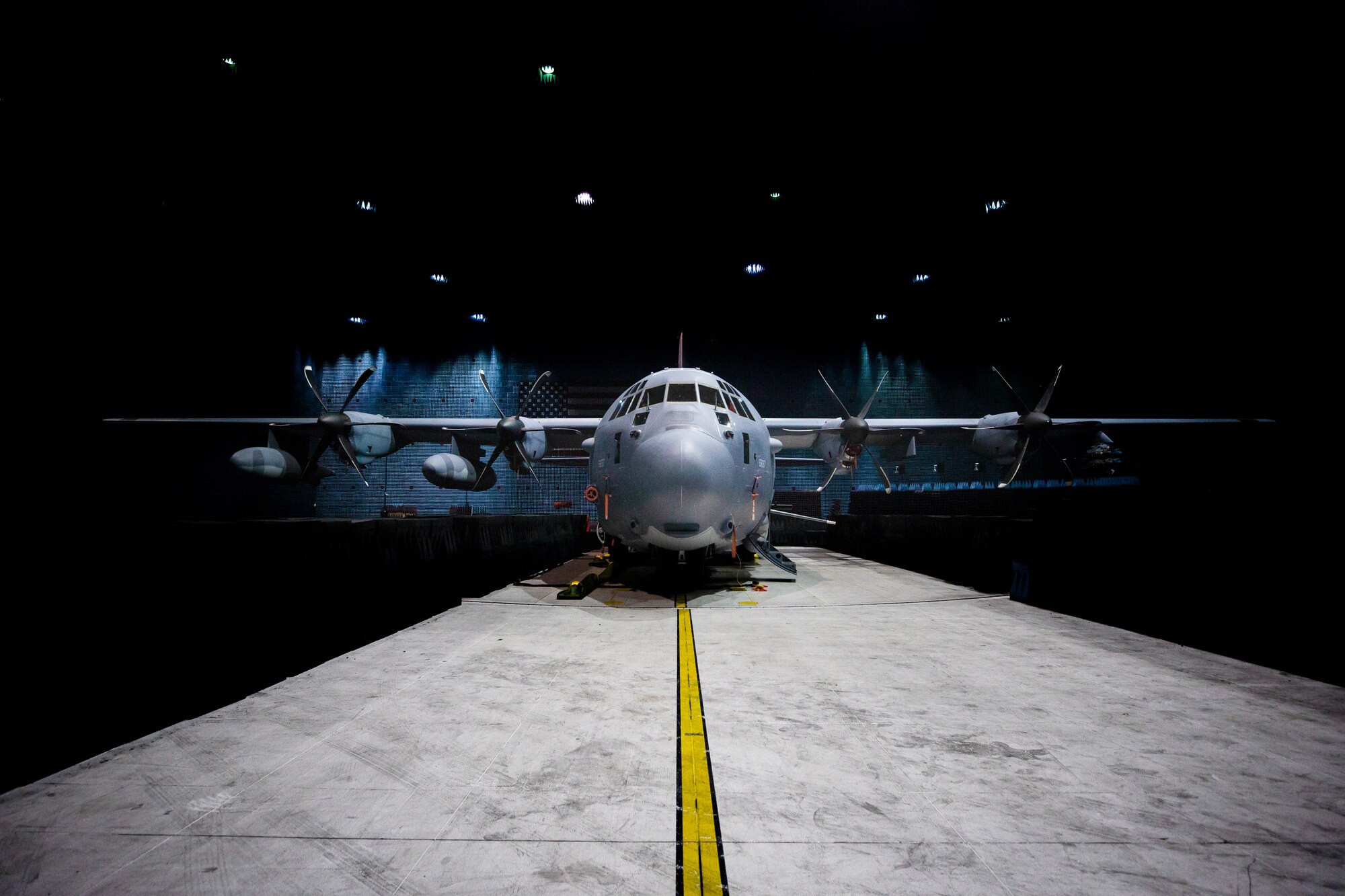 An AC-130J Ghostrider assigned to the 1st Special Operations Wing from Hurlburt Field, Fla., is loaded into the Benefiled Anechoic Facility on Edwards Air Force Base, California, March 17. The aircraft recently underwent electronic weapons countermeasures testing at the BAF. (Air Force photo by Kaitlyn Steigerwald)