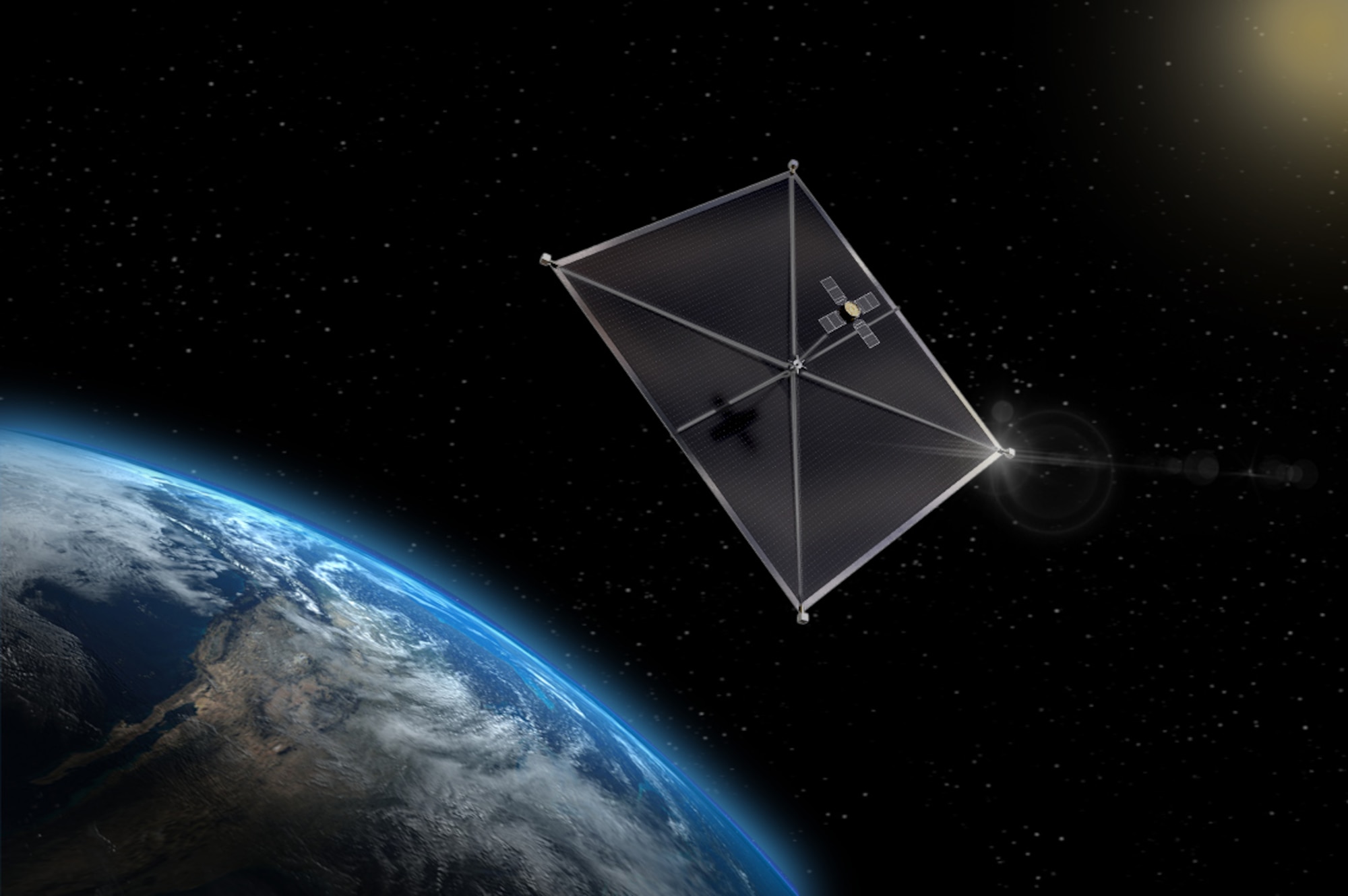 The image depicts a space based solar power beaming system, the end-goal for the Space Solar Power Incremental Demonstrations and Research, or SSPIDR, project. SSPIDR consists of several small-scale flight experiments that will mature technologies needed to build a prototype solar power distribution system.