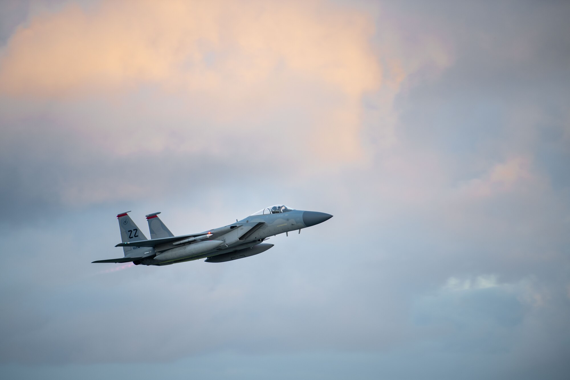 An F-15C Eagle assigned to the 67th Fighter Squadron takes off for Red Flag-Alaska at Kadena Air Base, Japan, April 15, 2022. Red Flag-Alaska is a Pacific Air Forces-directed field training exercise focused on providing unique opportunities to integrate various forces into joint, coalition and multilateral training from simulated forward operating bases.  (U.S. Air Force photo by Airman 1st Class Sebastian Romawac)