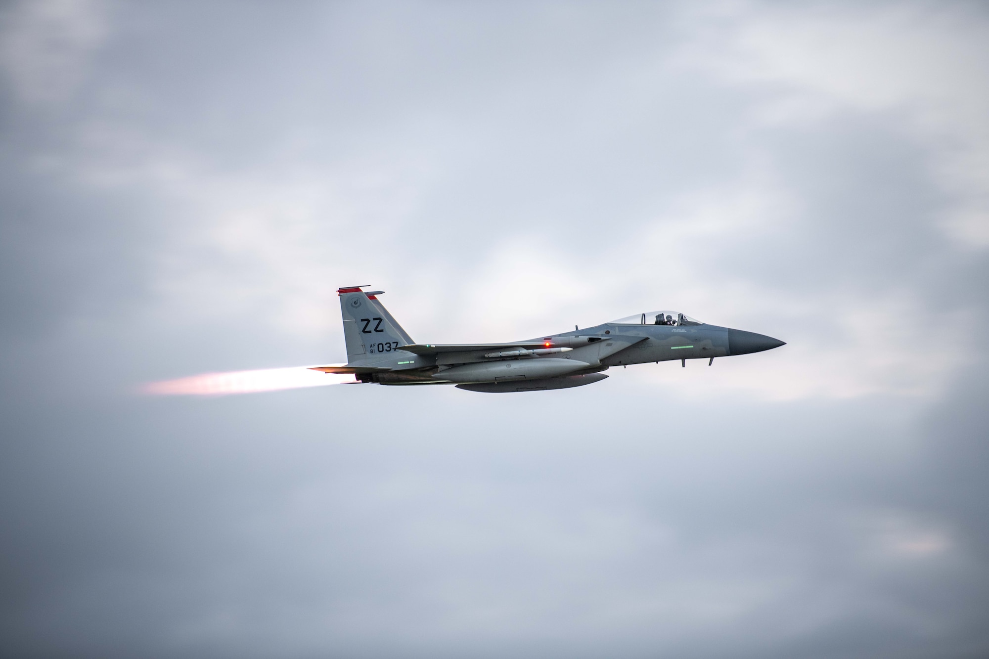 An F-15C Eagle assigned to the 67th Fighter Squadron takes off for Red Flag-Alaska at Kadena Air Base, Japan, April 15, 2022. Red Flag-Alaska is a Pacific Air Forces-directed field training exercise focused on improving the combat readiness of U.S. and international forces and provides training for units preparing for air and space expeditionary force tasking. (U.S. Air Force photo by Airman 1st Class Sebastian Romawac)