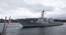 The Arleigh Burke-class guided-missile destroyer USS McCampbell (DDG 85) arrives to its new homeport of Naval Station Everett, Washington, April 8, 2022.