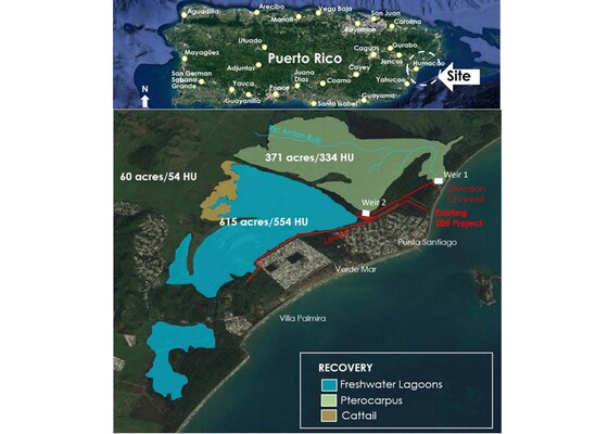 An aerial map of the Rio Anton Ruiz restoration project construction began in January and is expected to be completed in late April 2022. The goal is to mitigate the intrusion of saltwater to Humacao Natural Reserve (HNR) to protect the Pterocarpus officinalis forest and lagoon which are freshwater systems. Intrusion of saltwater can lead to harmful impacts to the essential habitat of federally and locally listed protected species.