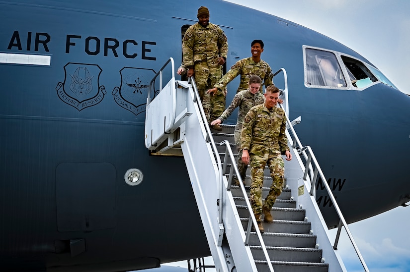 U.S. Air Force Airmen assigned to the 32nd Air Refueling Squadron depart the last KC-10 Extender from Central Command at Joint Base McGuire-Dix-Lakehurst, New Jersey, Apr. 19, 2022. The return marks an end to over thirty years of air refueling support provided to the U.S. and coalition partners through both peace and war, beginning with Operation Desert Shield/Desert Storm in 1990-91, through the conflicts in Iraq and Afghanistan, and punctuated by Operation Allies Refuge in 2021.