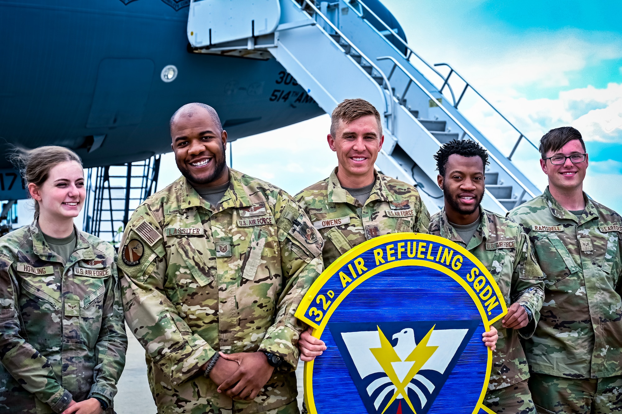 U.S. Air Force Airmen assigned to the 32nd Air Refueling Squadron pose for a photo in front of the last KC-10 Extender from Central Command at Joint Base McGuire-Dix-Lakehurst, New Jersey, Apr. 19, 2022. The return marks an end to over thirty years of air refueling support provided to the U.S. and coalition partners through both peace and war, beginning with Operation Desert Shield/Desert Storm in 1990-91, through the conflicts in Iraq and Afghanistan, and punctuated by Operation Allies Refuge in 2021.
